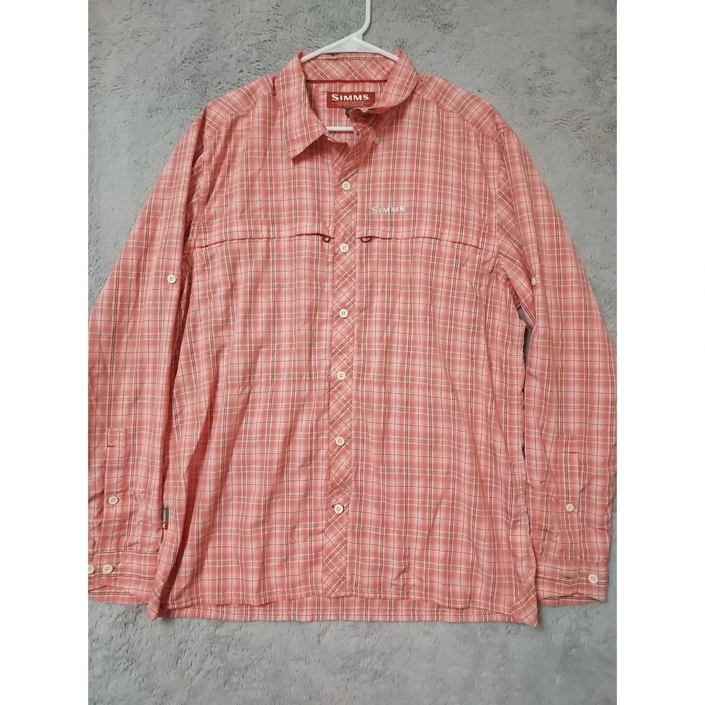 Simms Shirt Mens Large Fishing Plaid Long Sleeve Nylon Blend Pink Zip Pocket EUC